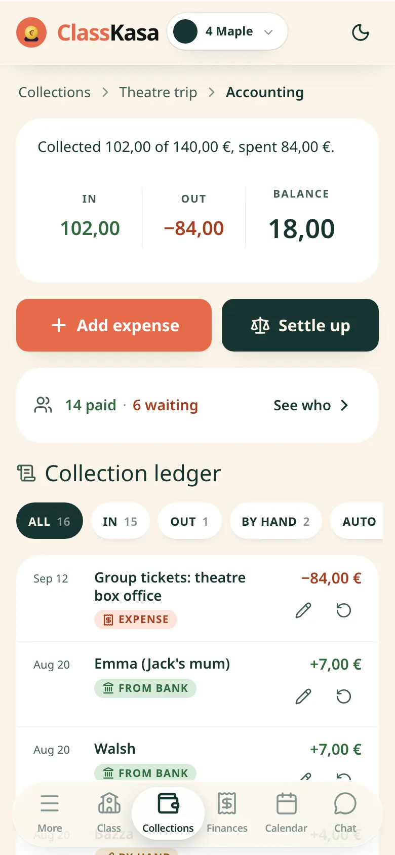 A class collection settlement in ClassKasa: collected, spent, balance and a line-by-line ledger